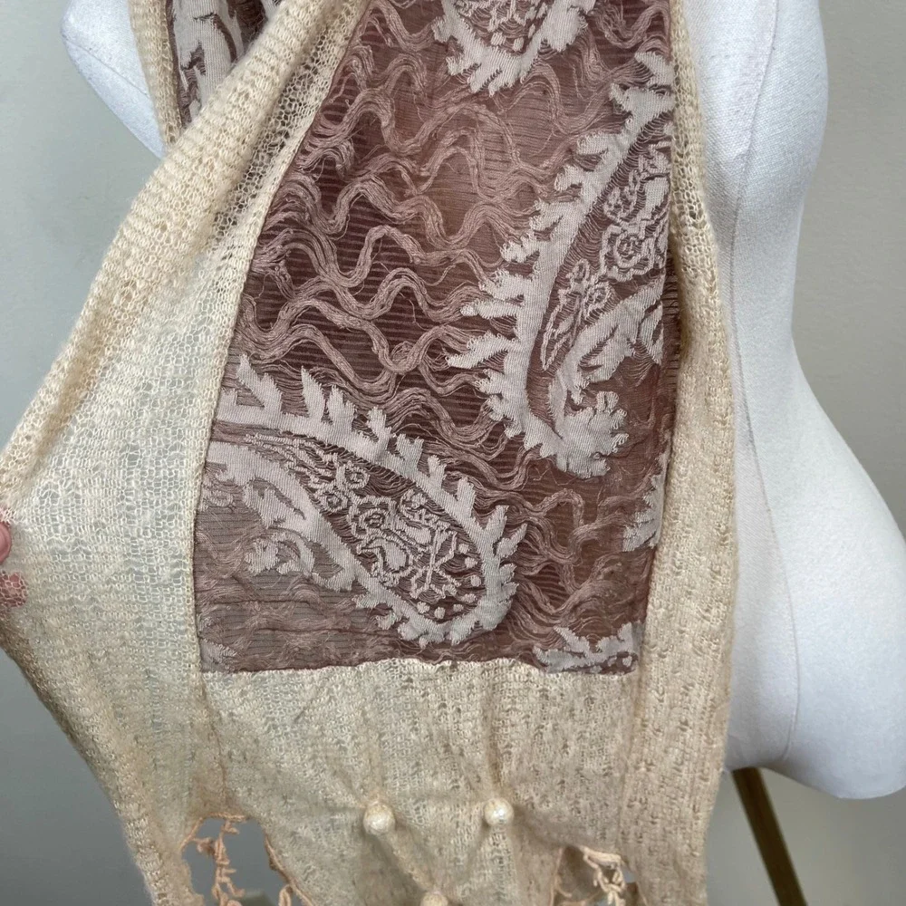 Paisley Knit Tassel Scarf Women Tan Brown Beaded Boho Romantic Wrap Fairy
